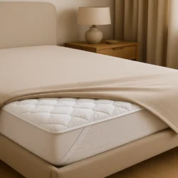 Matrasbeschermer met katoenen tijk en elastiek om de hoekpunten met hoeslaken op bed in slaapkamer