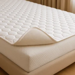 Matrasbeschermer 4 seizoenen off white met katoenen tijk en elastiek om de hoekpunten op bed in slaapkamer