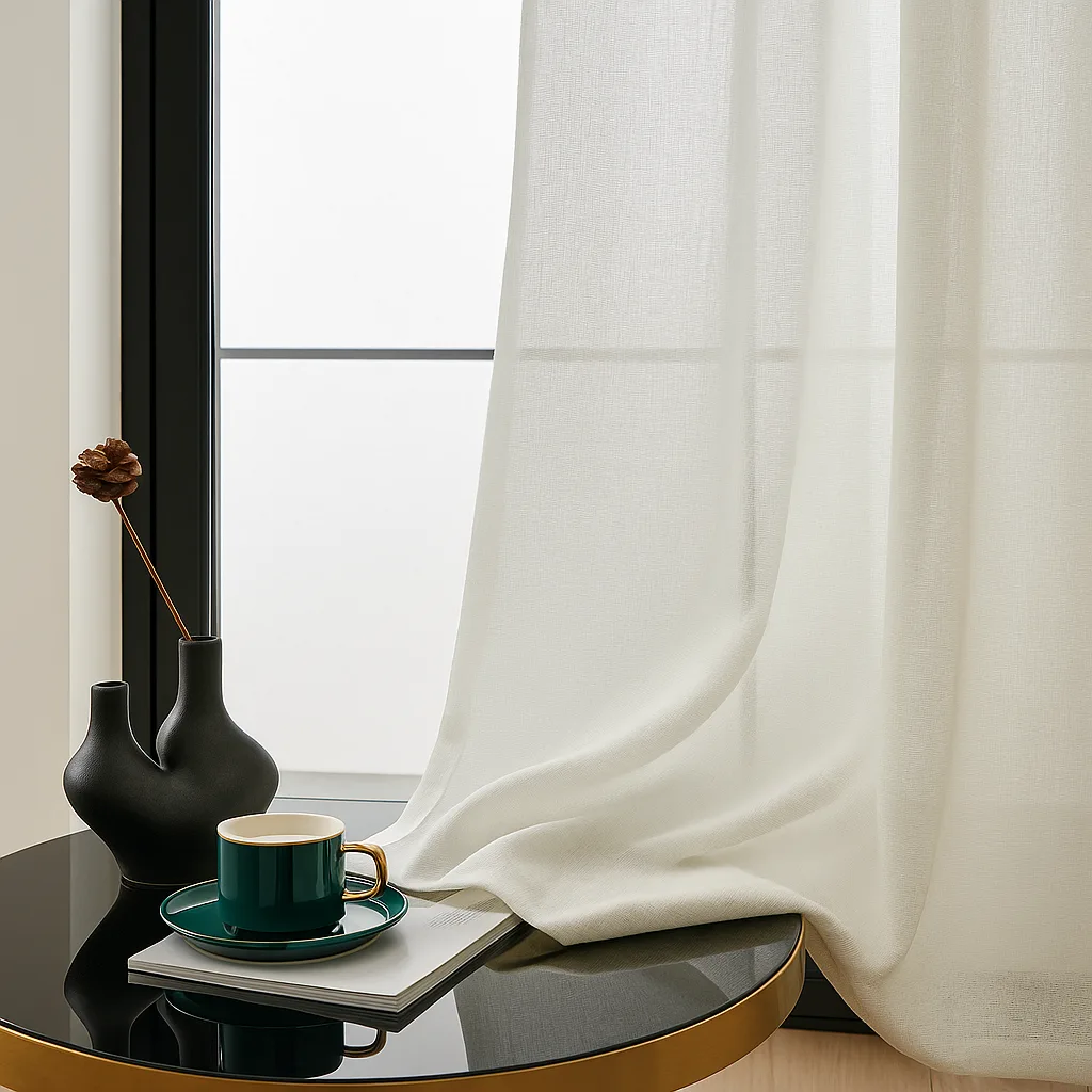 Olivia vitrage off white met linnen look en plooiband