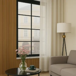 Olivia vitrage off white met linnen look en plooiband in woonkamer