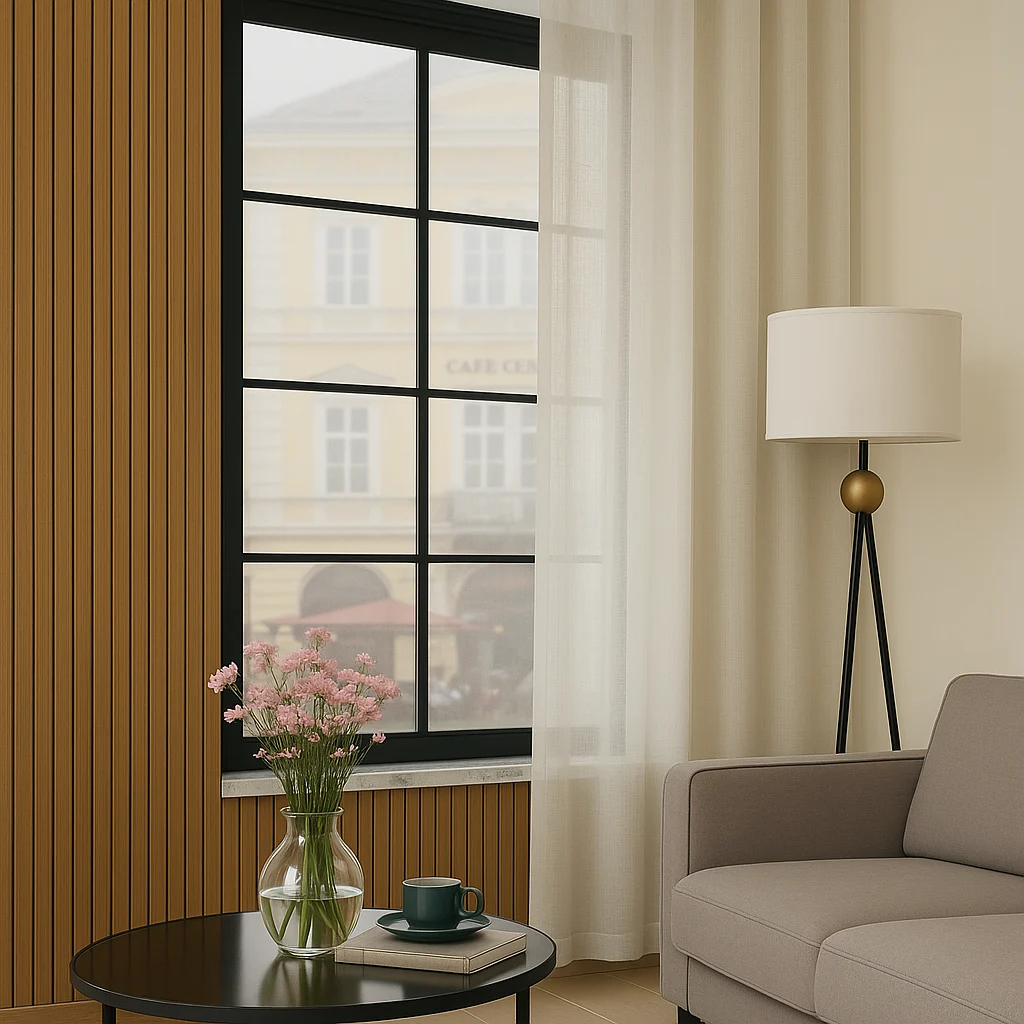 Olivia vitrage off white met linnen look en plooiband in woonkamer