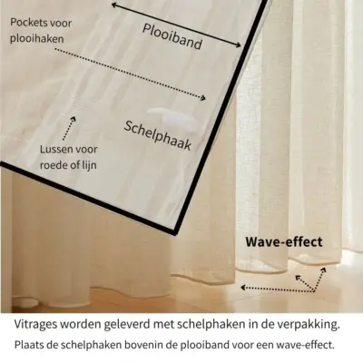 Vitrage kant en klaar met schelphaken voor wave plooi ophangen aan plooiband