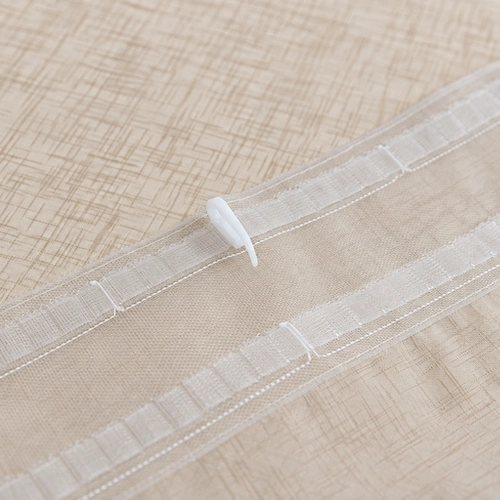Bibiana vitrage kant en klaar met wave plooi - Beige kleur. Detail plooiband met schelphaken.