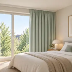 Lemoni Lichtgrijs groen luxe kant en klaar verduisterend en isolerend gordijn met plooiband. Sfeerfoto slaapkamer.