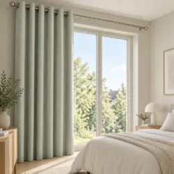 Lemoni Lichtgrijs groen luxe kant en klaar verduisterend en isolerend gordijn met ringen. Sfeerfoto slaapkamer.
