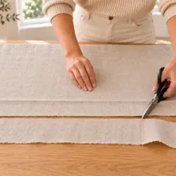 Hand knipt met een schaar de overtollige stof van een linnen gordijn op een houten tafel