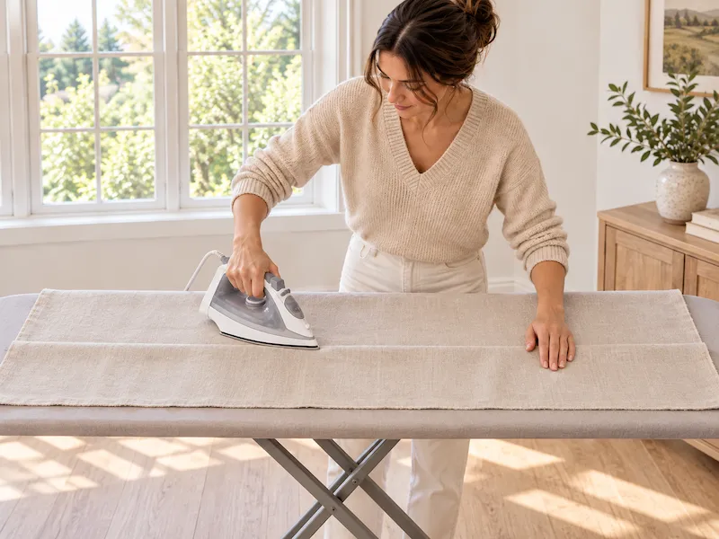 Vrouw vouwt het gordijn om op de nieuwe lengte en strijkt de vouw plat op een strijkplank